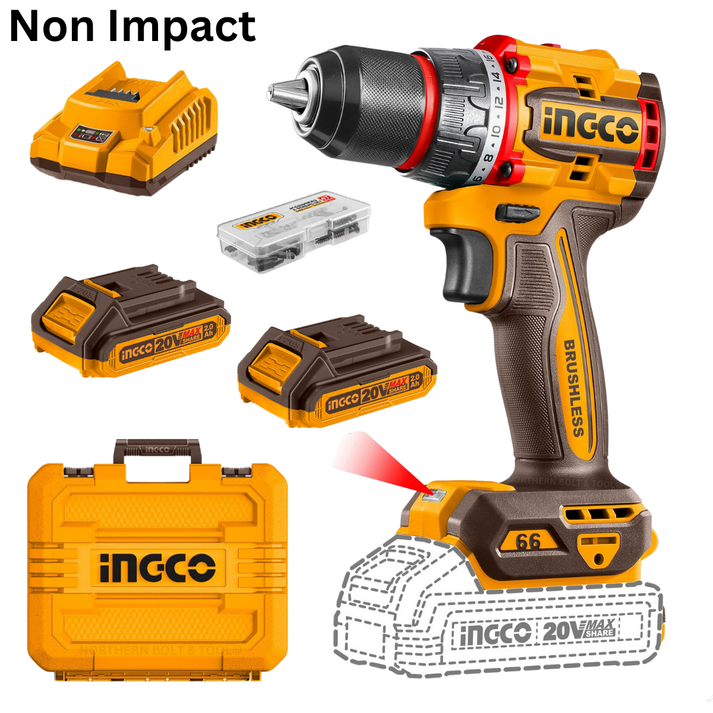 Ingco Cordless Compact Drill 66Nm Brushless 20V Kit - Non Impact ...
