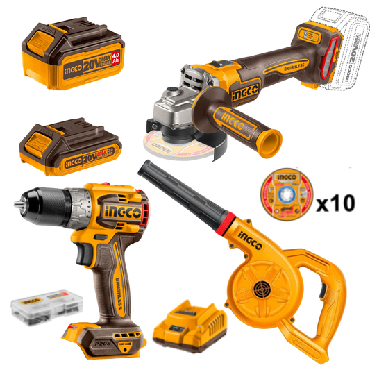 Ingco Cordless Angle Grinder, Drill and Blower Combo Kit 