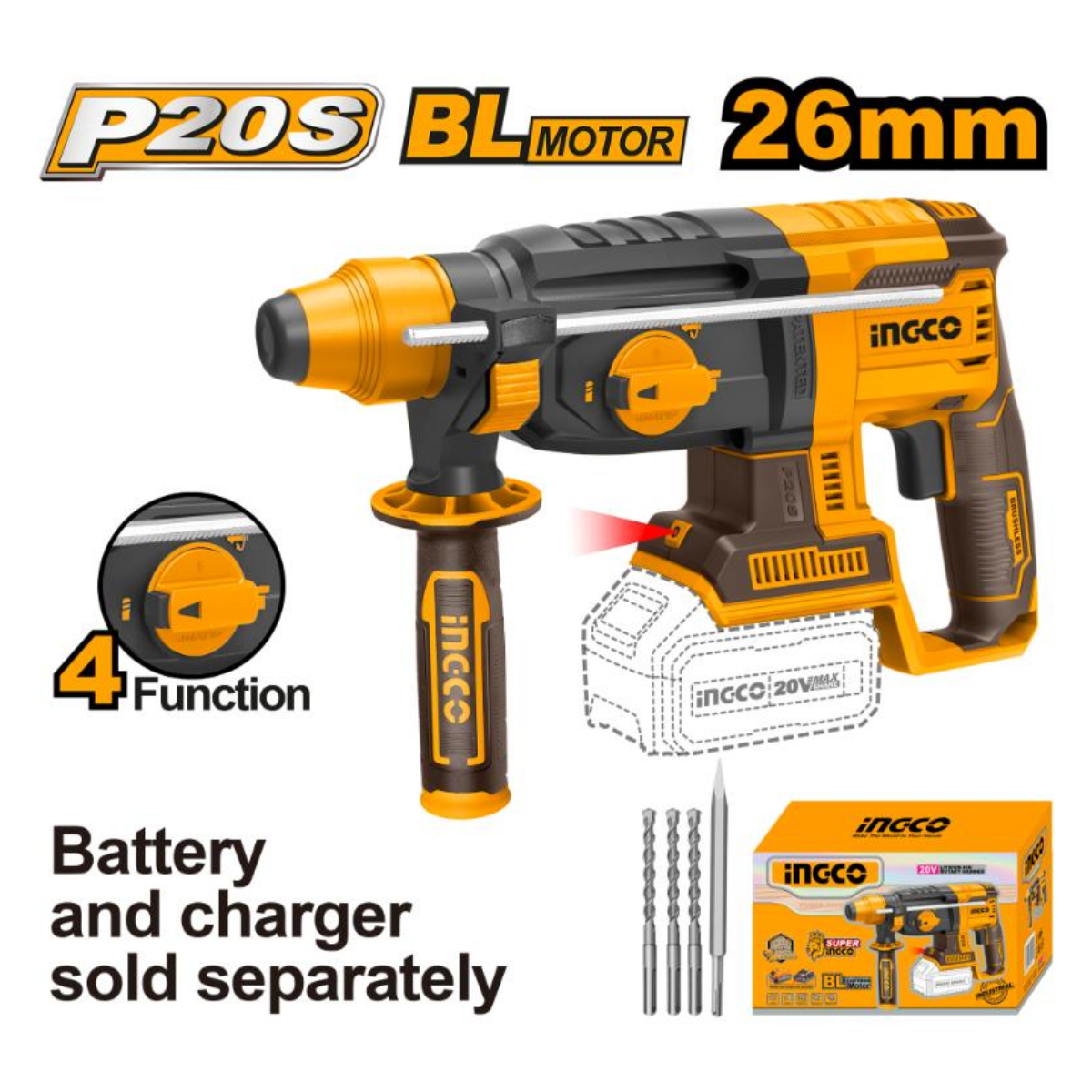 Ingco Cordless Rotary Hammer Drill 20V Brushless (Tool only) CRHLI20228