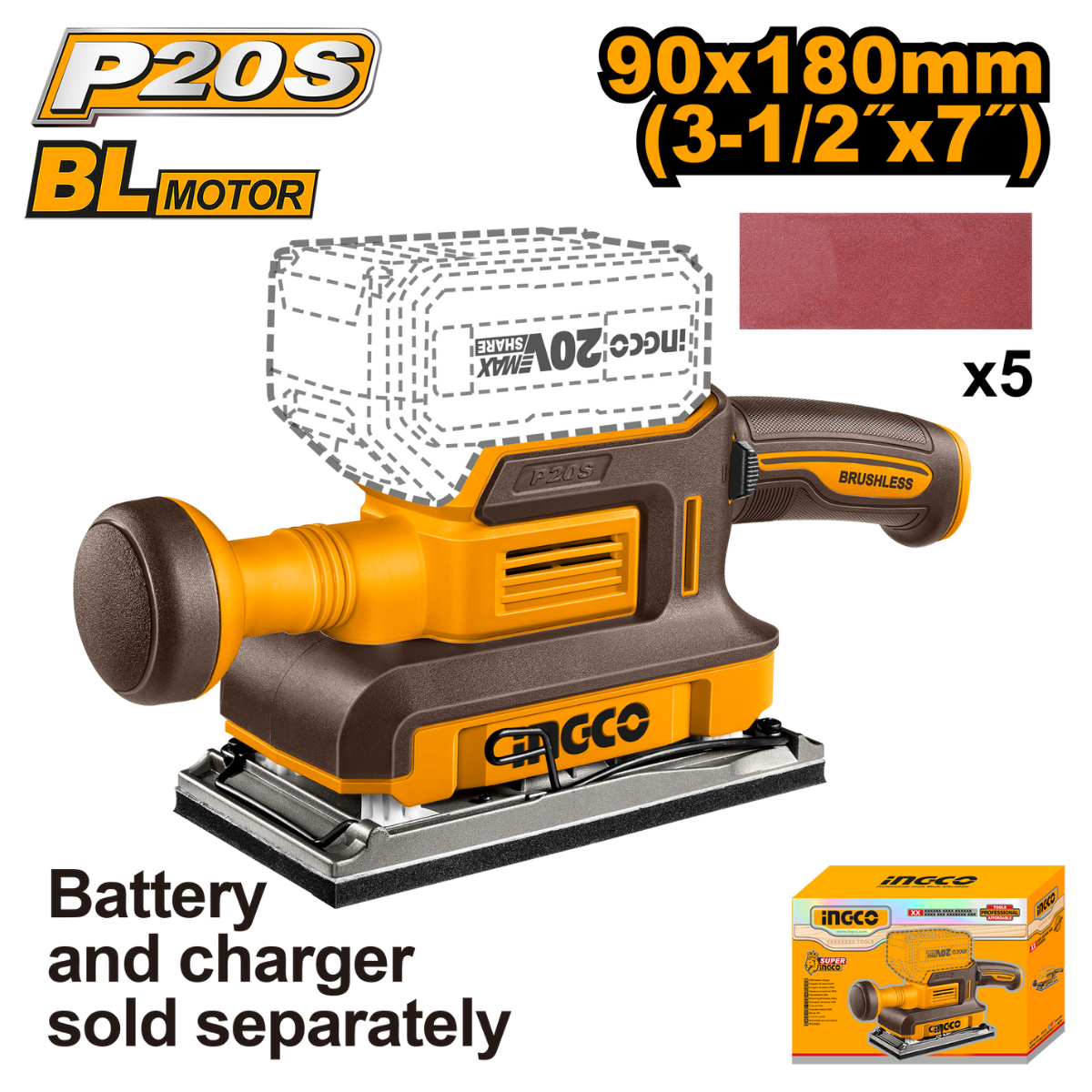 Ingco Cordless Finishing Sander Brushless 20V P20S (Tool only) CFSLI2031