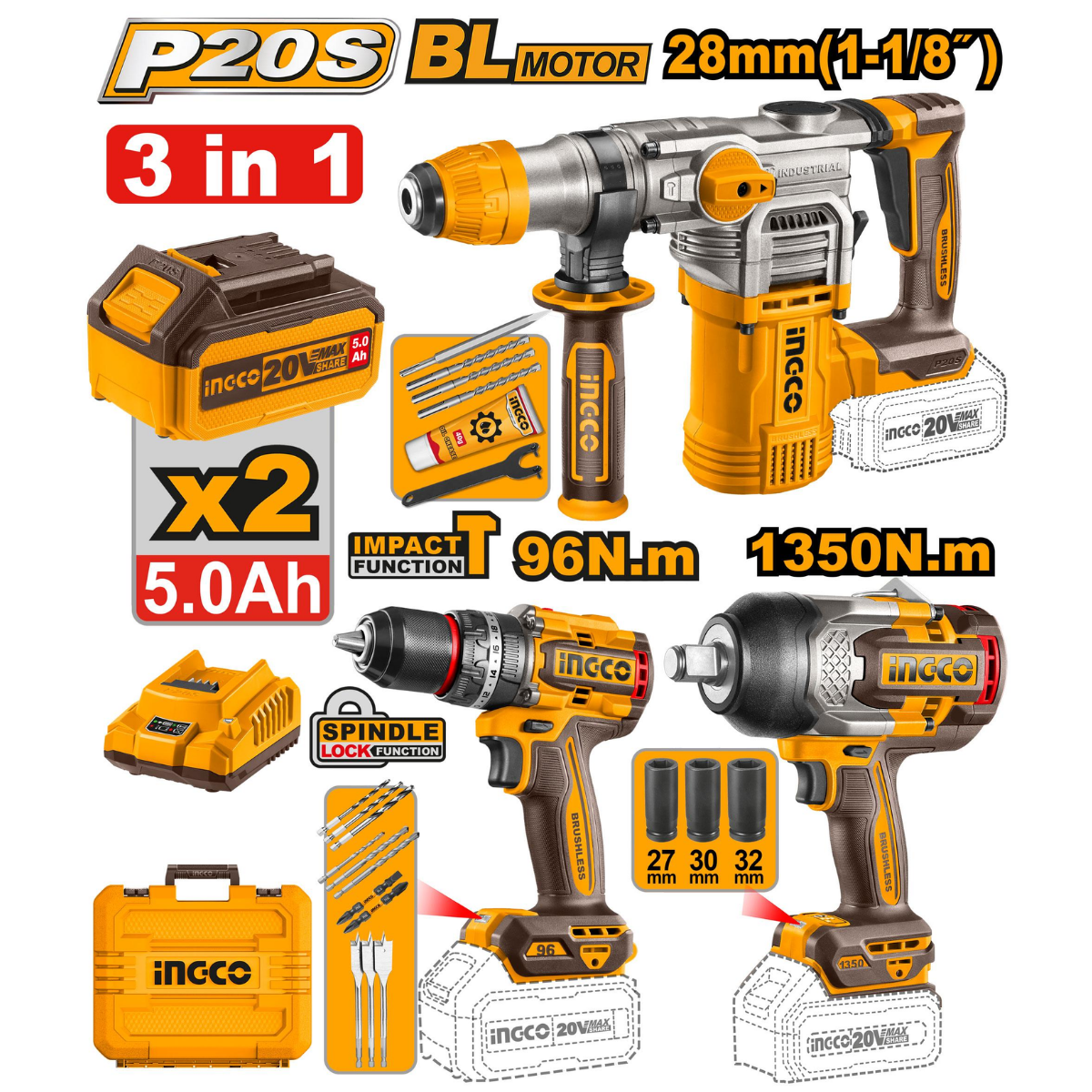 Ingco Cordless Industrial 3Pcs Combo Kit 20V P20s COSLI250281