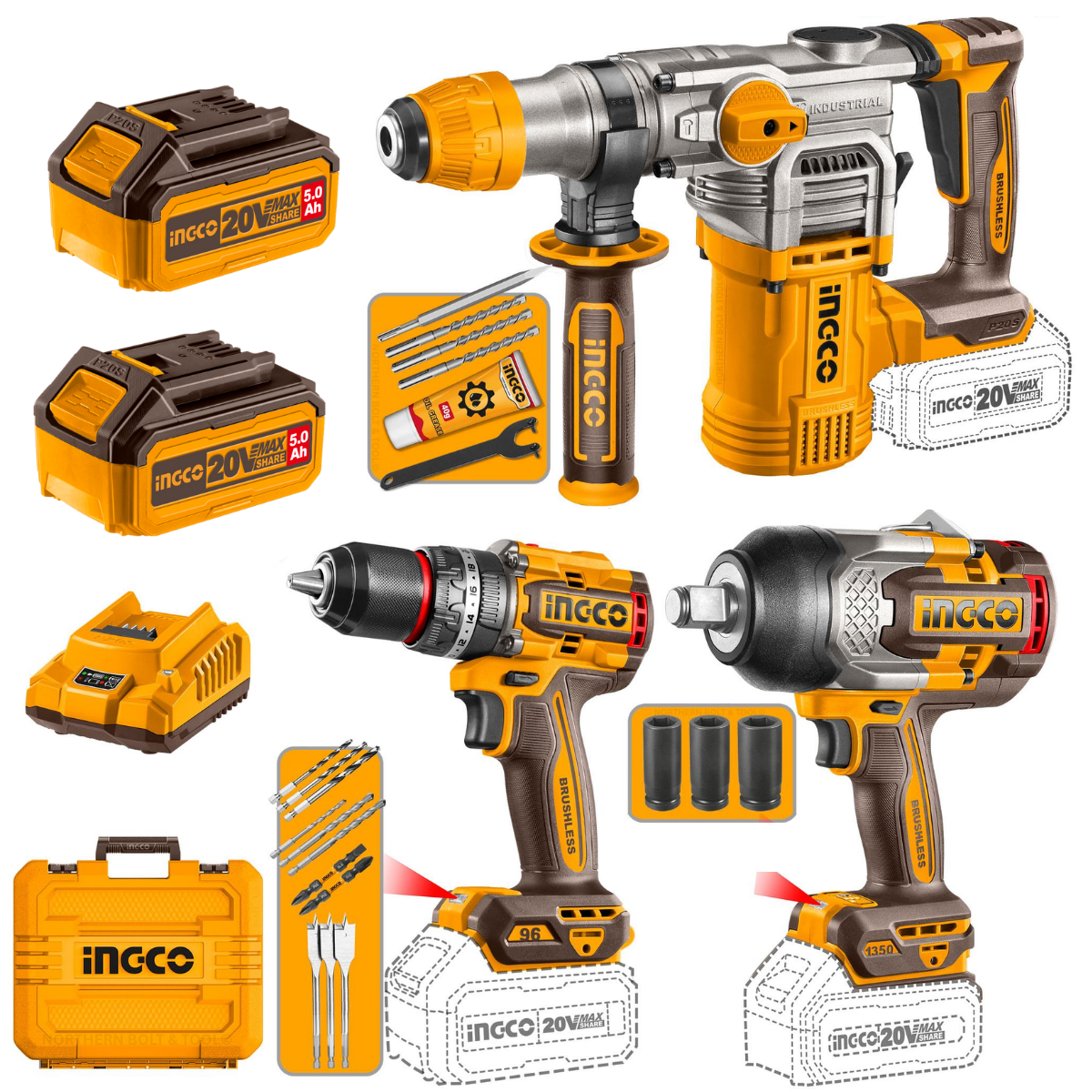 Ingco Cordless Industrial 3Pcs Combo Kit 20V P20s COSLI250281
