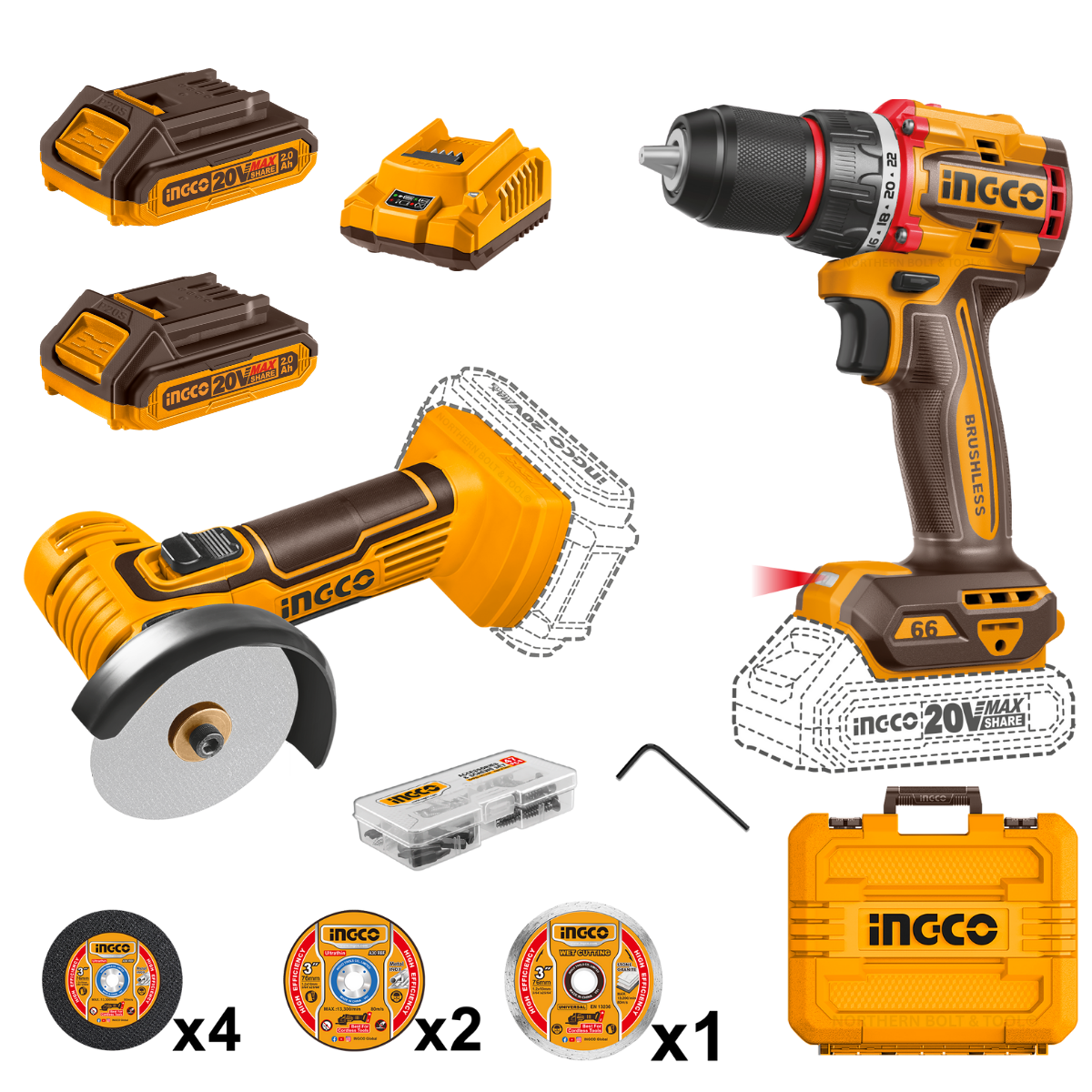 Ingco Cordless Compact Drill 66Nm & Mini Cut Off Tool Combo Kit CKLI20766