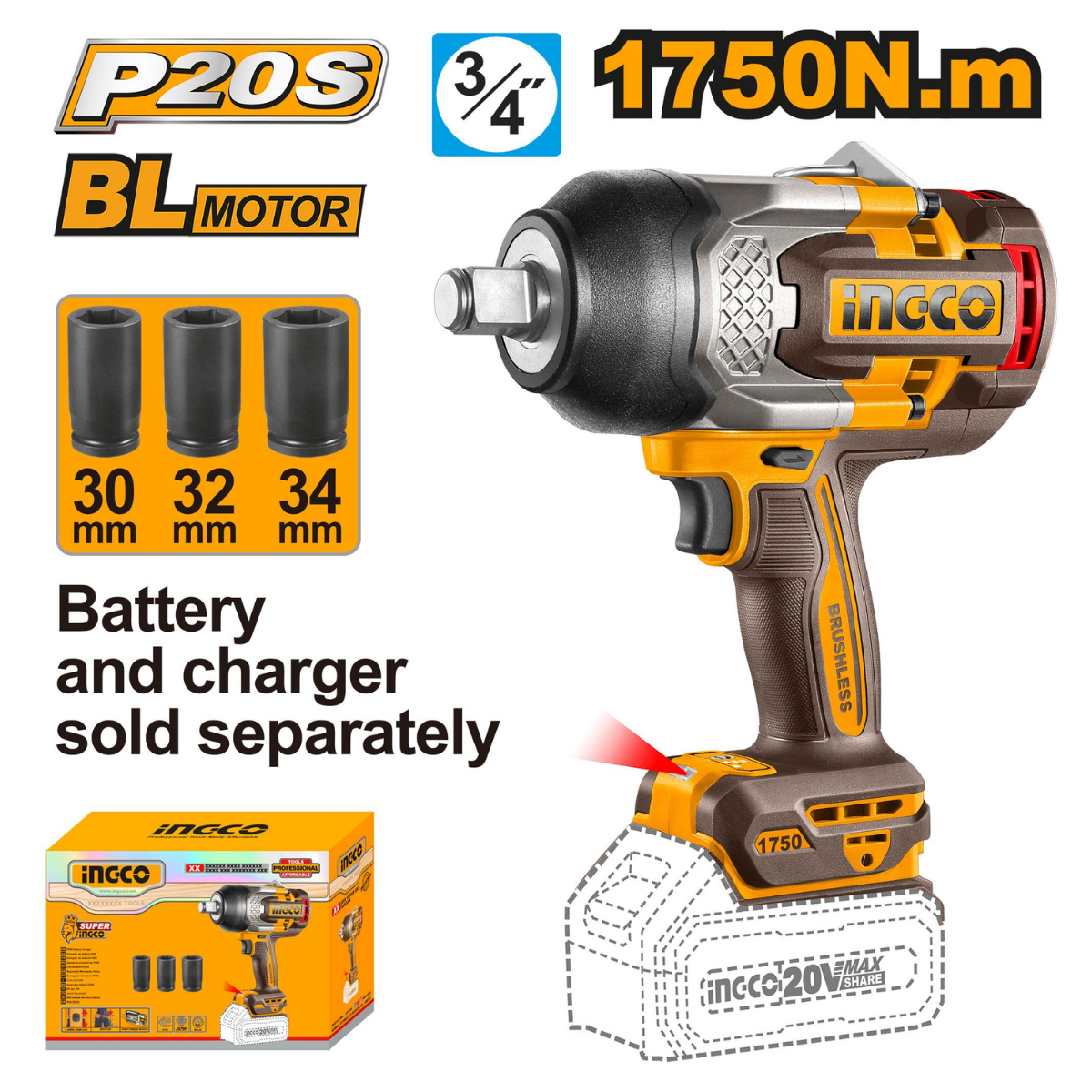 Ingco Cordless Impact Wrench 1,750Nm 20V (Tool Only) CIWLI201751