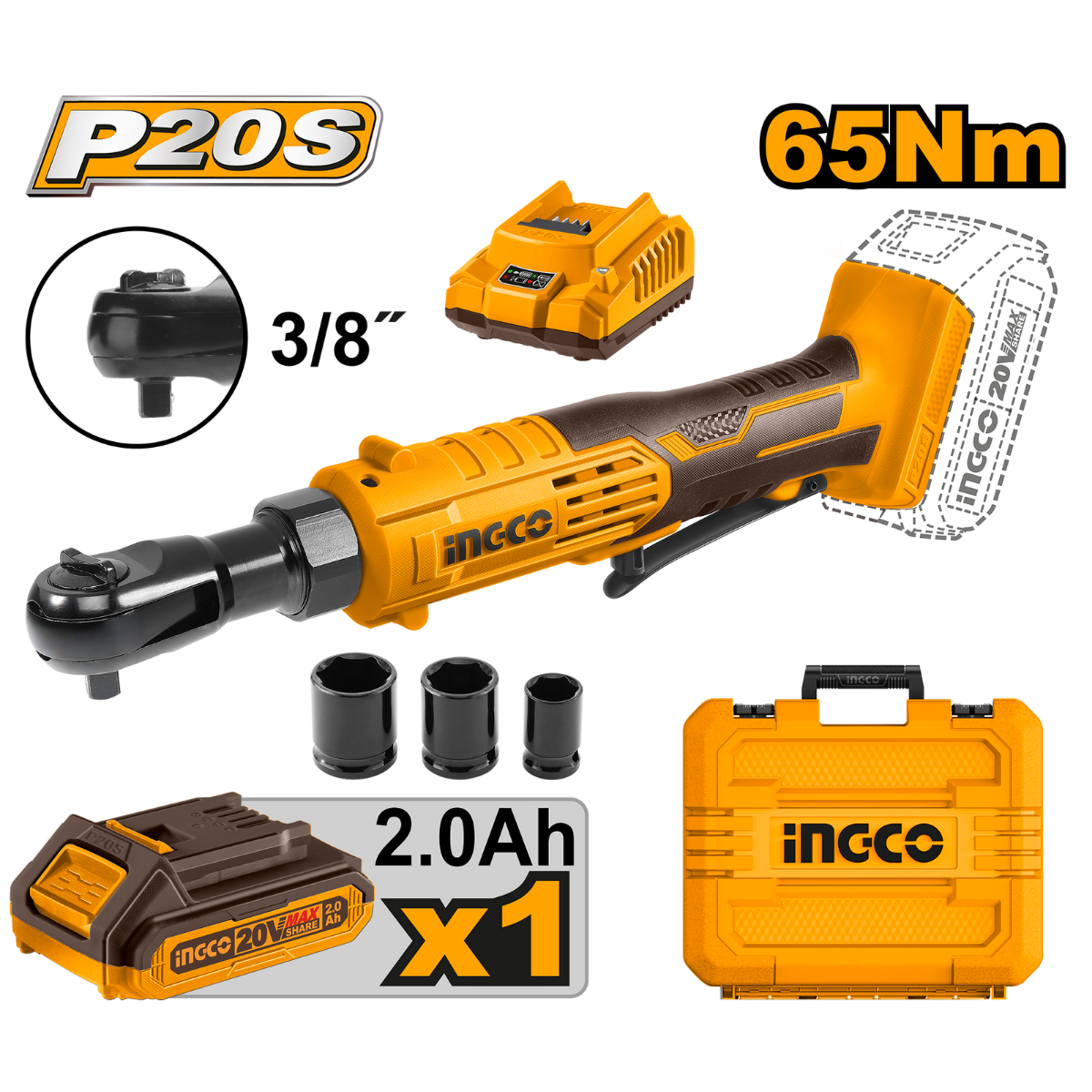 Ingco Cordless Ratchet 3/8" Dr 20V Kit CDRLI2060152