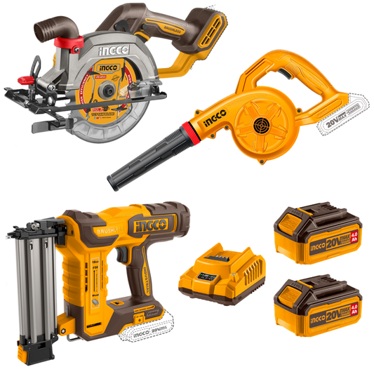 Special - Ingco Cordless Blower, Brad Nailer & Circular 3 Piece  Saw Combo Kit