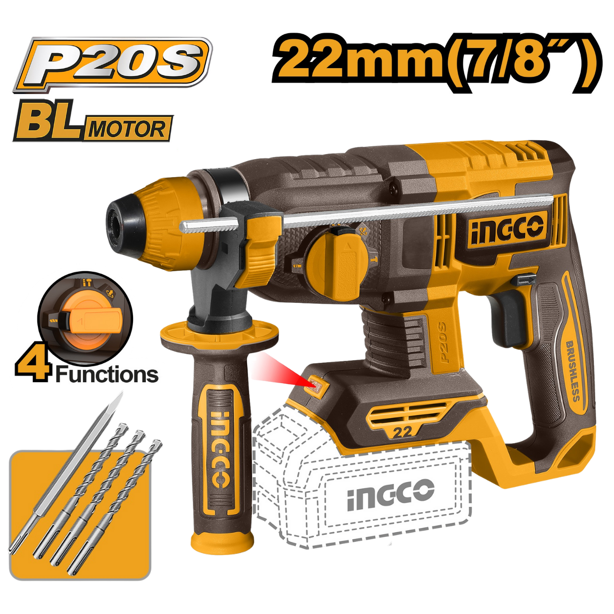 Ingco Cordless Rotary Hammer Drill 20V 22mm (Tool only) CRHLI21228