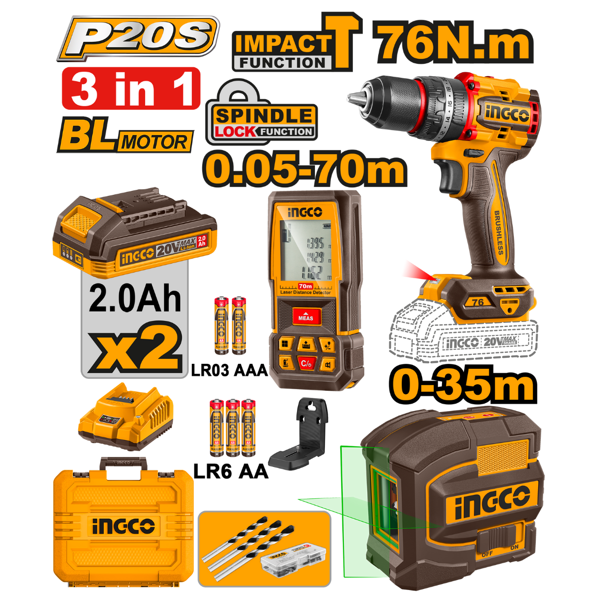 Ingco Cordless Impact Drill 76Nm, Laser Leveler & Laser Distance Detector 3Pcs Set COSLI250511