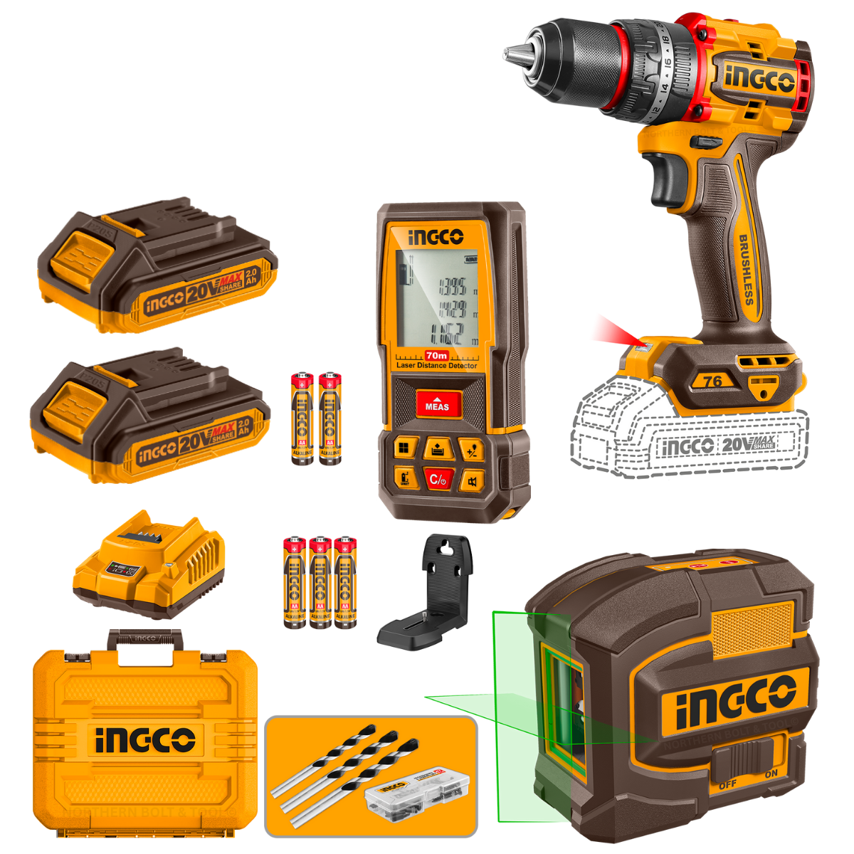 Ingco Cordless Impact Drill 76Nm, Laser Leveler & Laser Distance Detector 3Pcs Set COSLI250511
