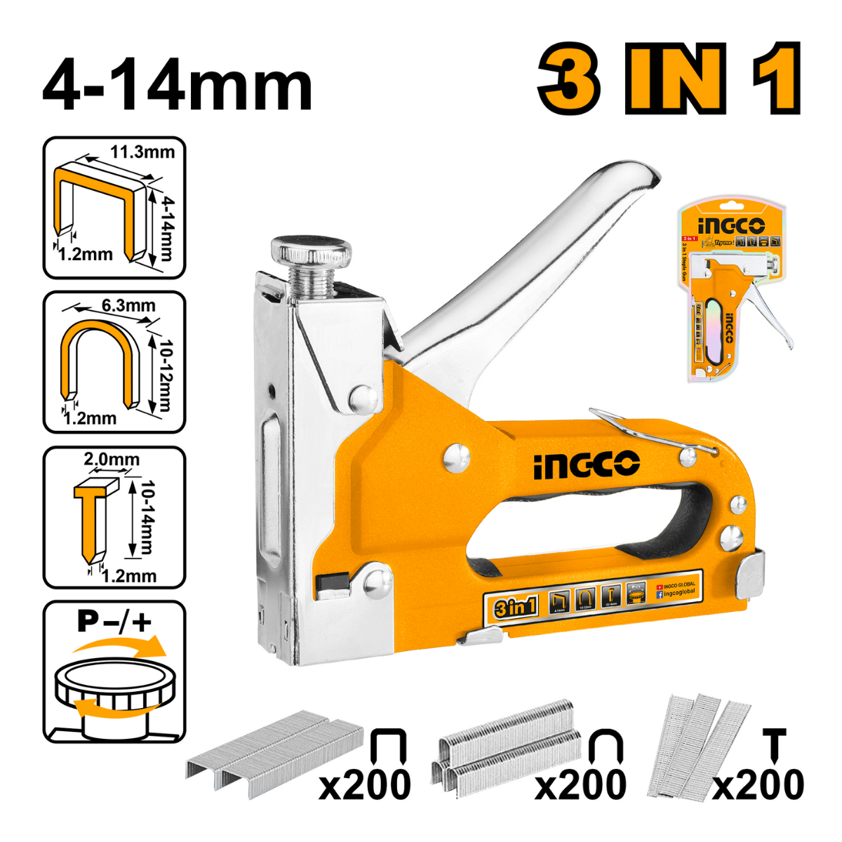 Ingco 3 in 1 Staple Gun with Adjustable Driving Force (Staples included) HSG1405