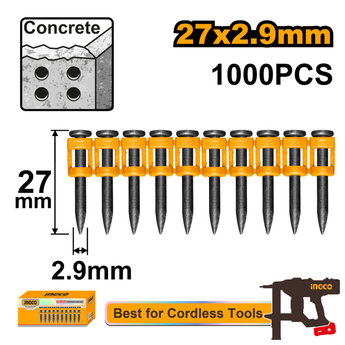 Ingco Continuous Firing Nails (Concrete) 27mm 1000pcs ANA02271