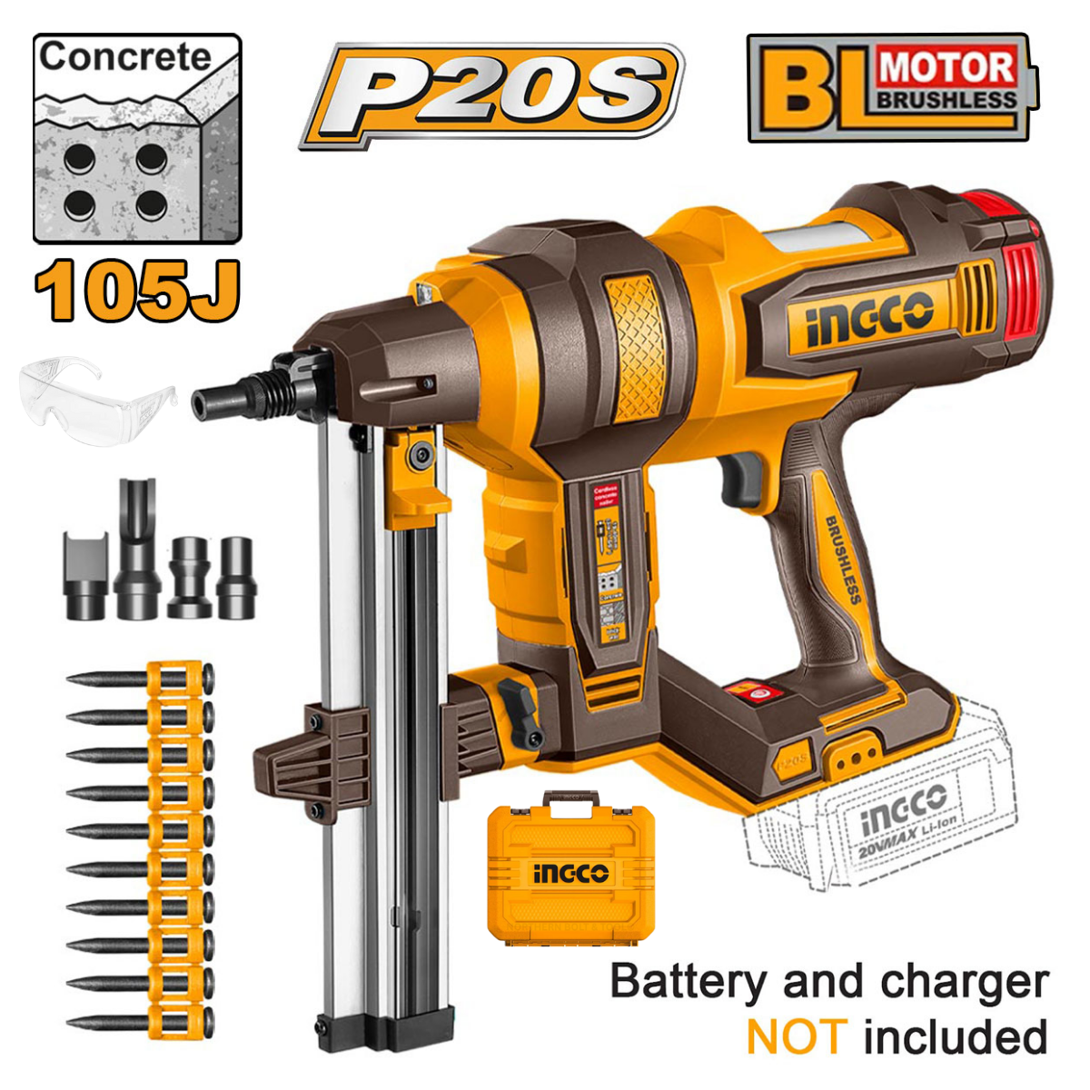 Ingco Cordless Concrete Nailer 15-40mm 20V (Tool only) CCNLI9005