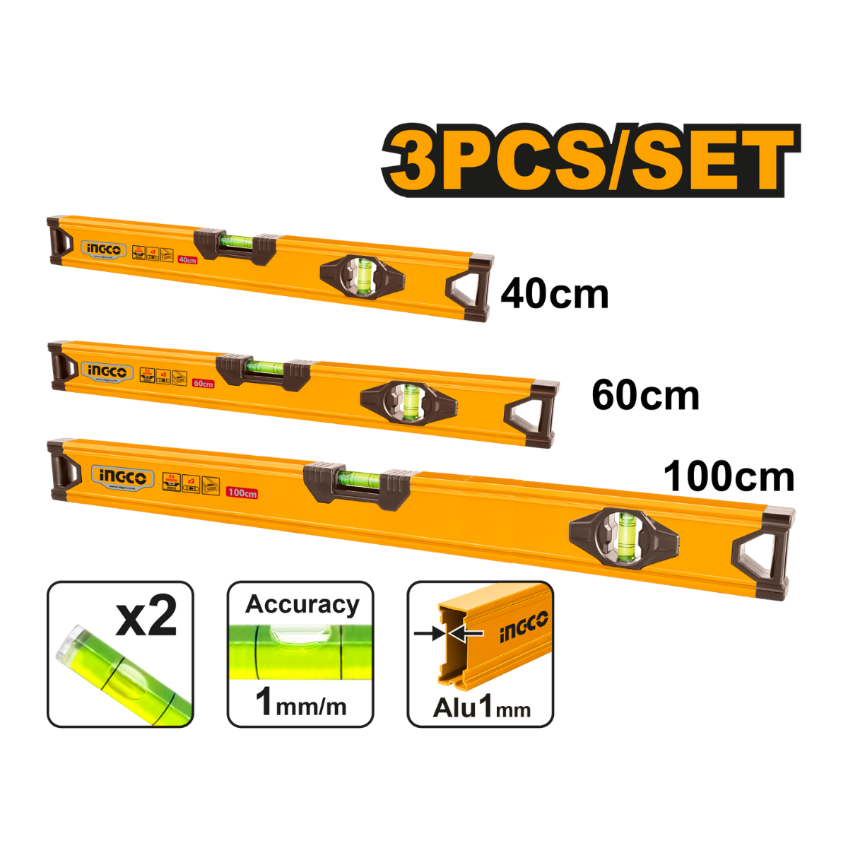 Ingco 3 Pieces Aluminum Spirit Level Set HSL10403