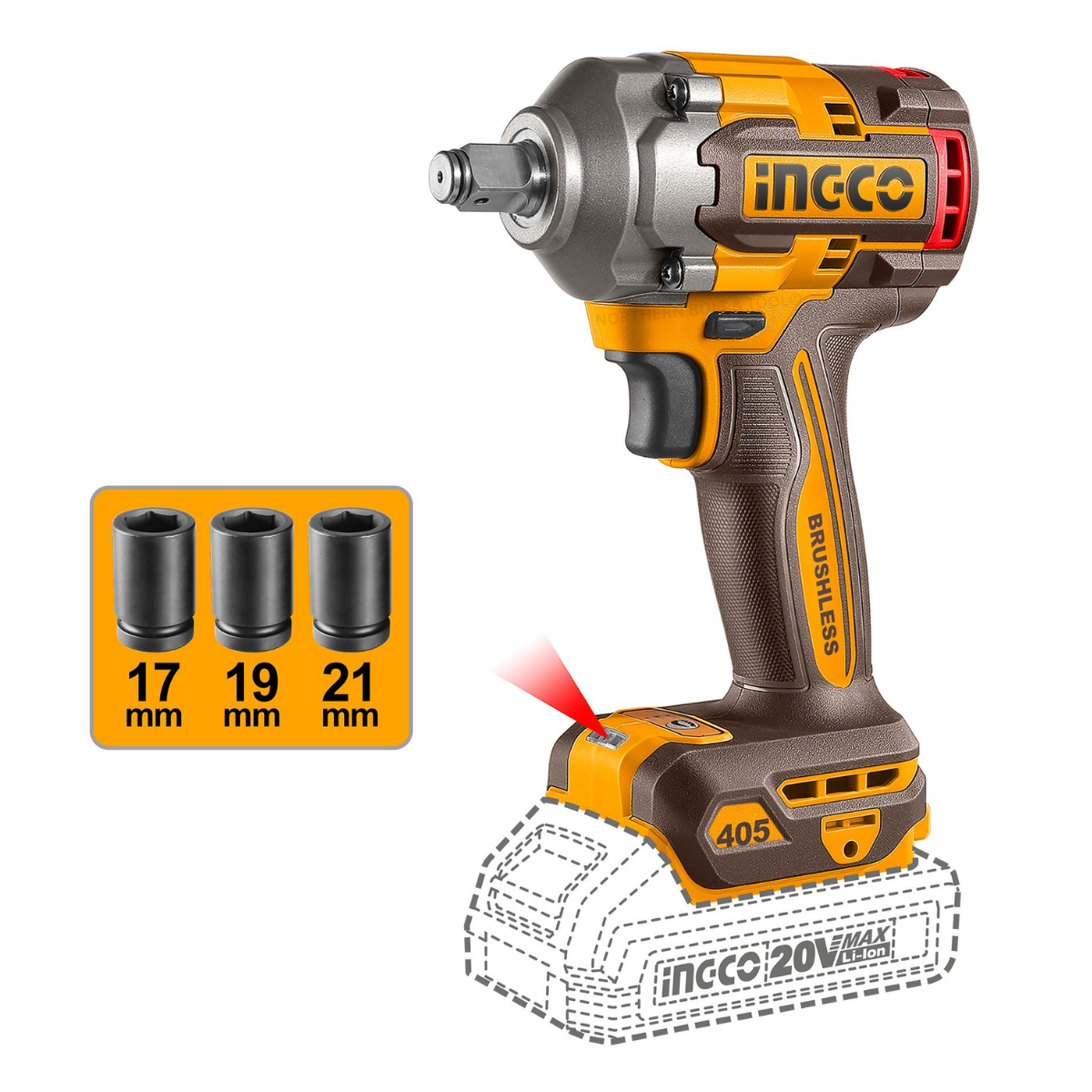 Ingco Cordless Impact Wrench 405Nm 1/2"Drive 20V (Tool Only) CIWLI20451