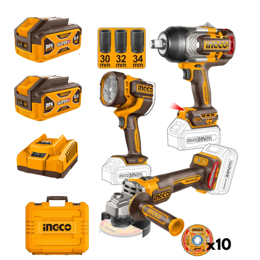 Ingco Cordless Combo Kit With 1750Nm Impact Wrench, Grinder & Work Lamp COSLI250593