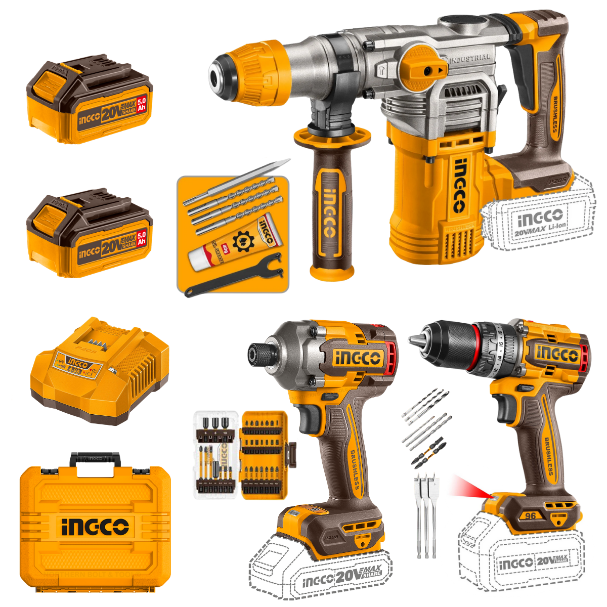 Ingco Cordless 3-in-1 Combo Kit (Rotary Hammer, Impact Drill & Impact Driver) COSLI250693