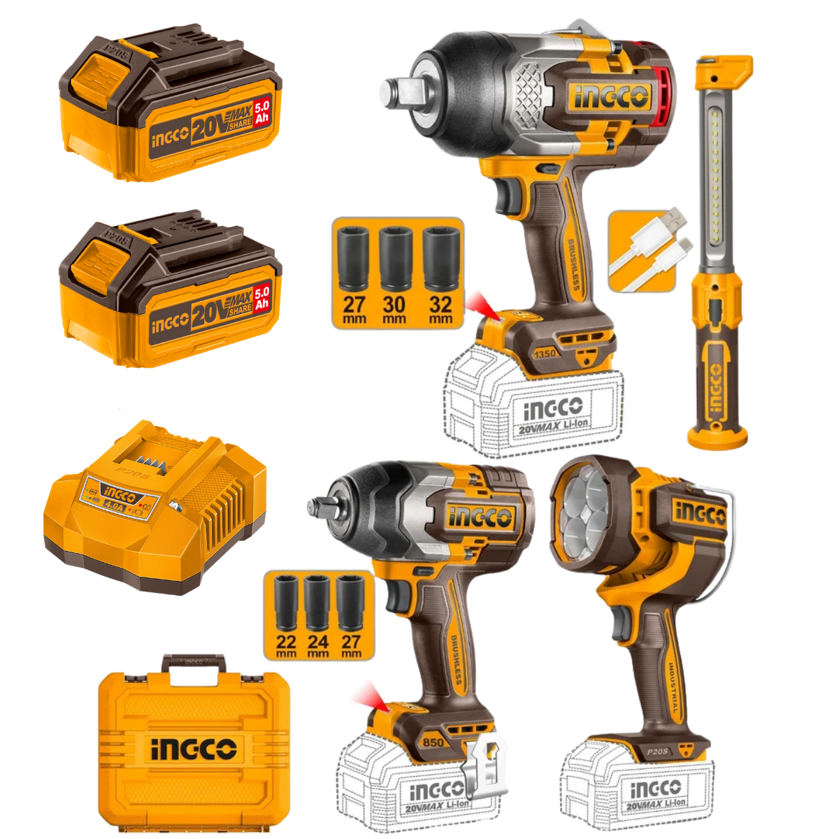 Ingco Cordless 4-in-1 Cordless Combo Kit (2x Work lights & 2x Impact Wrenches) COSLI250782