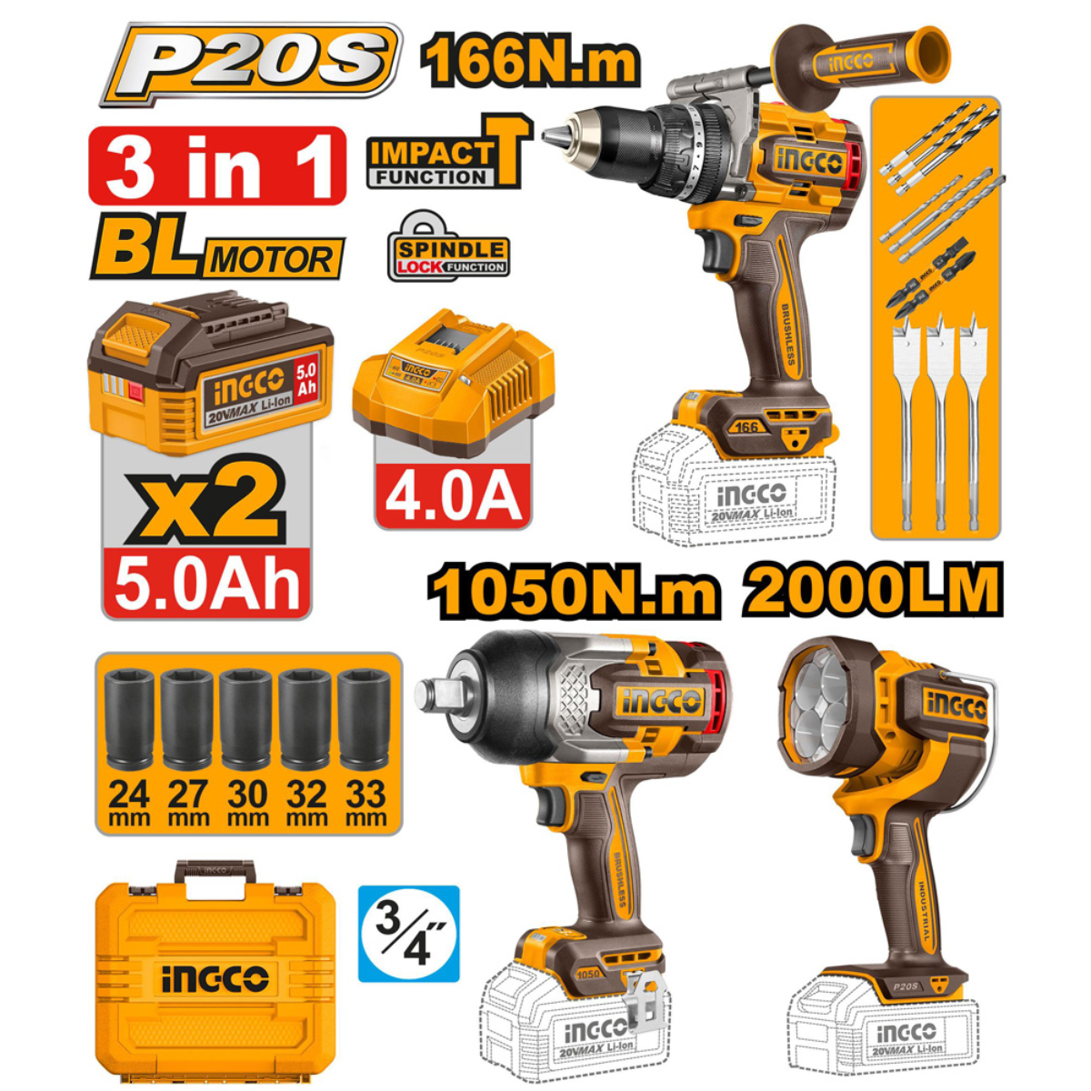  Ingco / NBT Limited Edition Ultimate 3Pcs Cordless Combo Kit COSLI250882