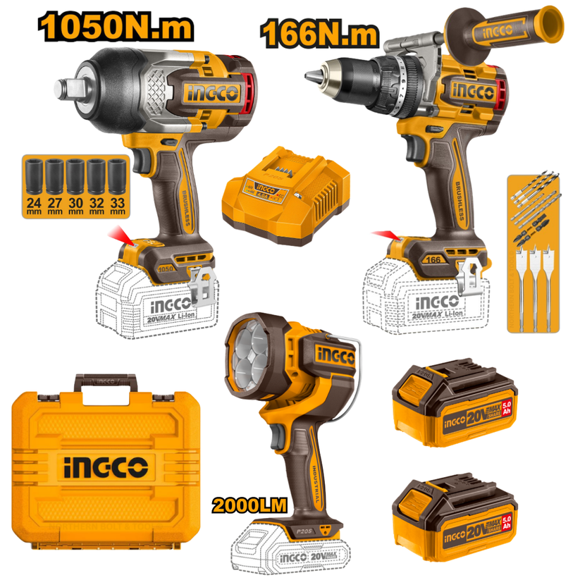 Ingco 3Pcs Cordless Combo Kit 166Nm Impact Drill / 1050Nm Impact Wrenc ...