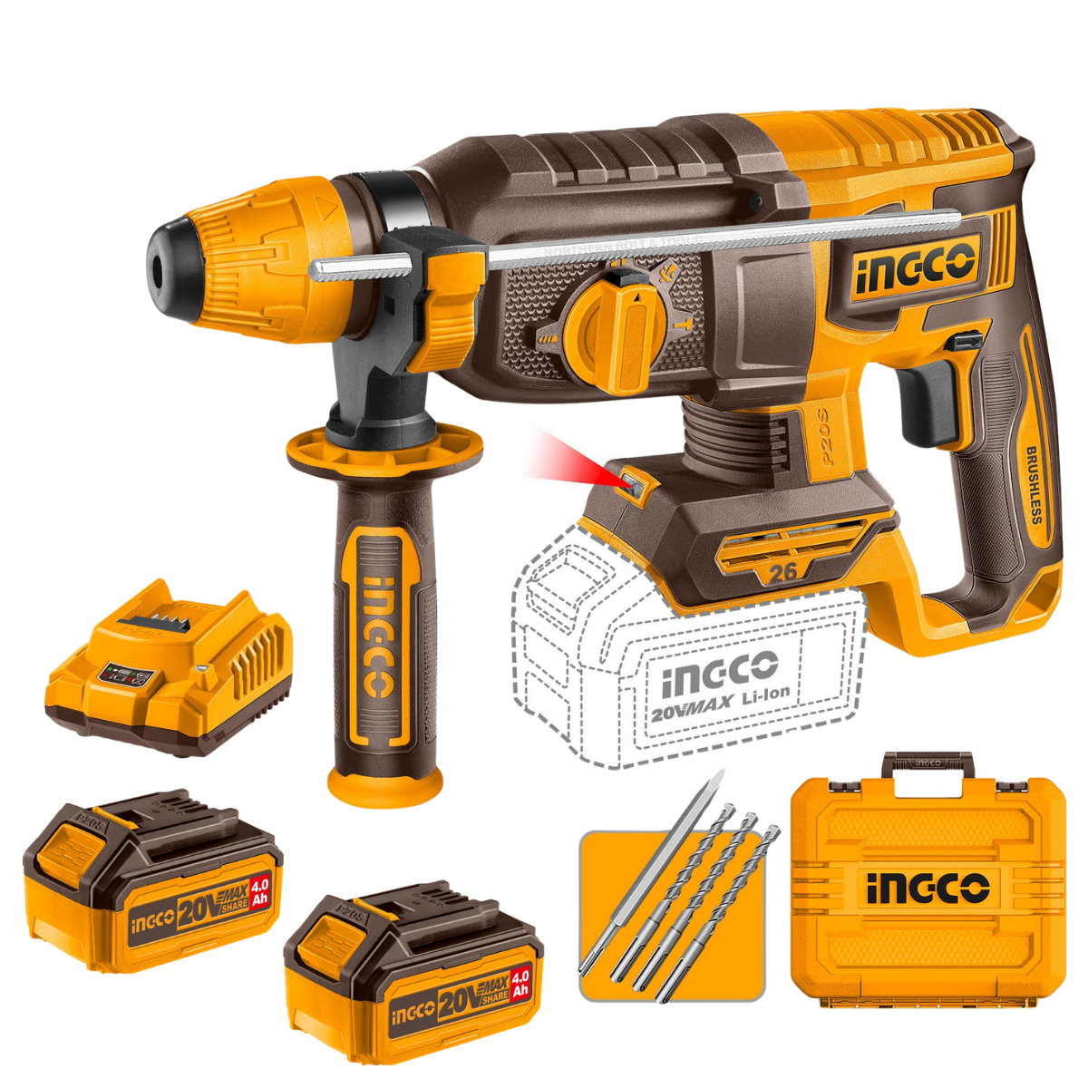 Ingco Cordless Rotary Hammer Drill 26mm 20V Kit - With 2x Batteries & Charger CRHLl202682