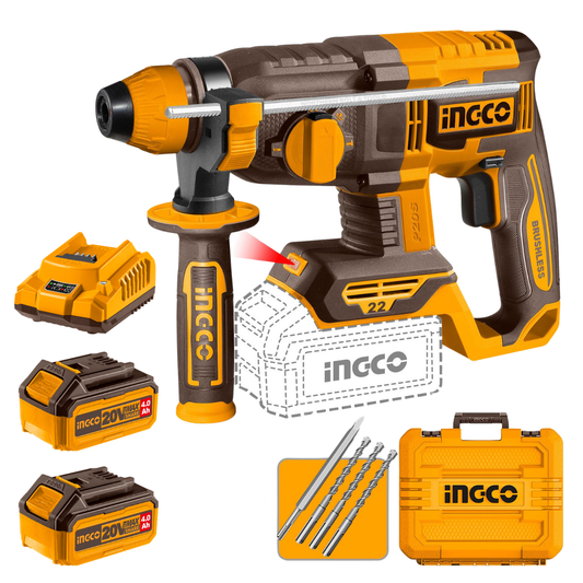 Ingco Cordless Rotary Hammer Drill 22mm 20V Kit With 2 Batteries & Charger CRHLI212282
