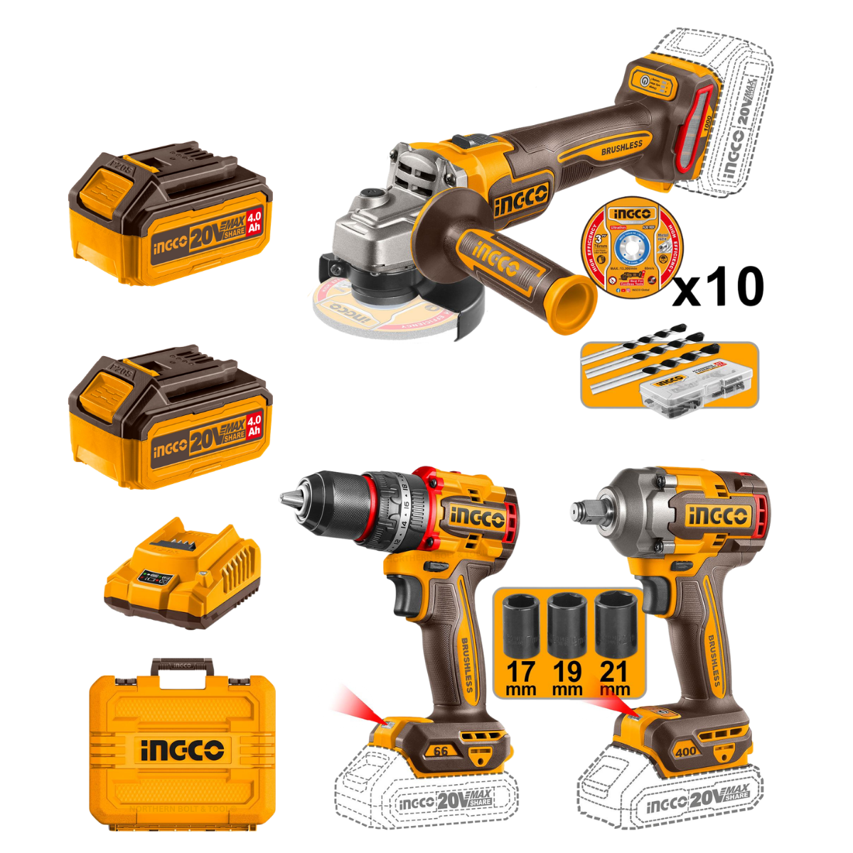 Ingco Cordless Combo Kit Drill / Grinder / Impact Wrench COSLI241291