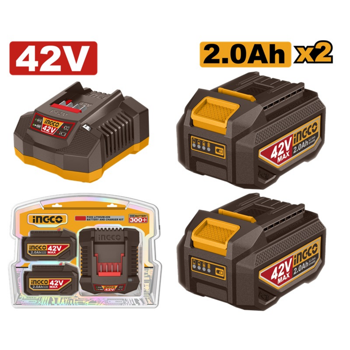 Ingco 42v 2x Battery Pack 2.0Ah + Charger 42V Kit P42M