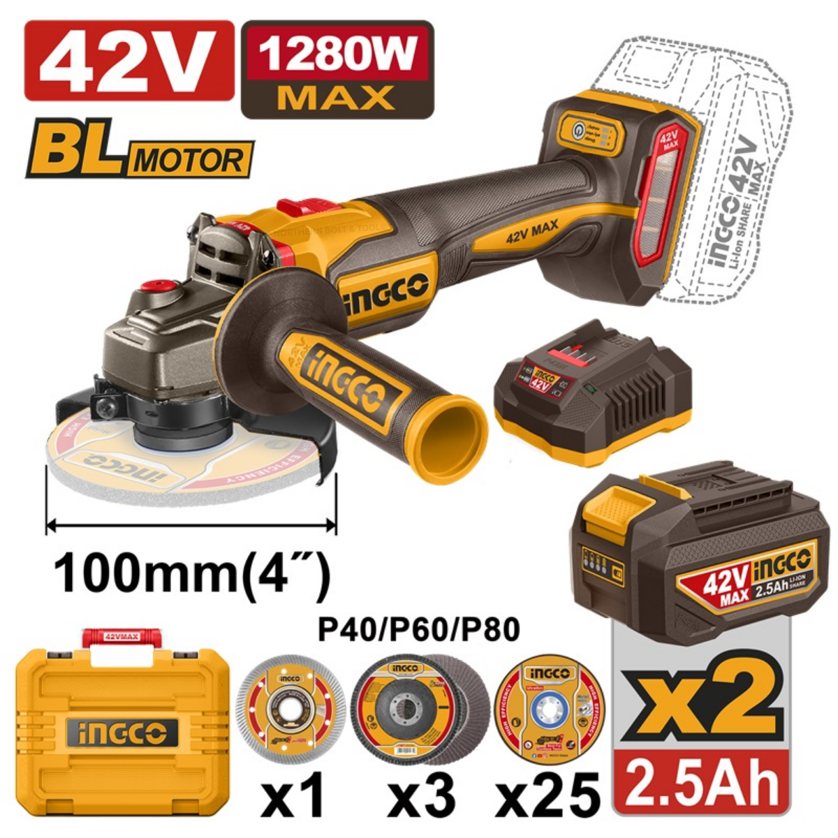Ingco 42V Cordless Angle Grinder 1280W Kit P42M