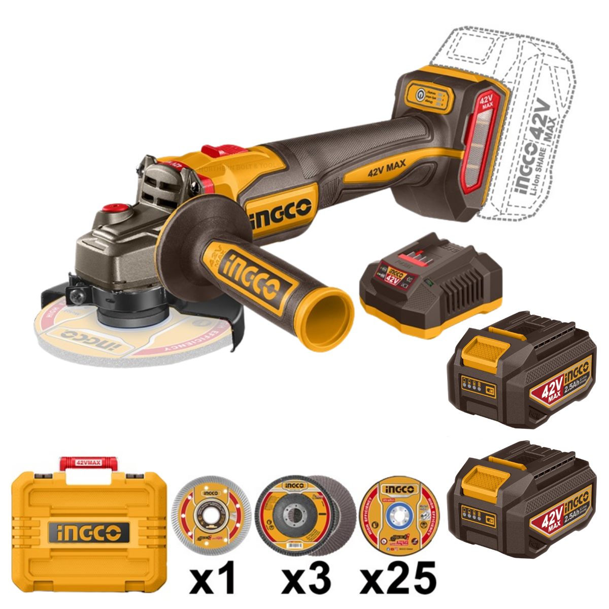 Ingco 42V Cordless Angle Grinder 1280W Kit P42M