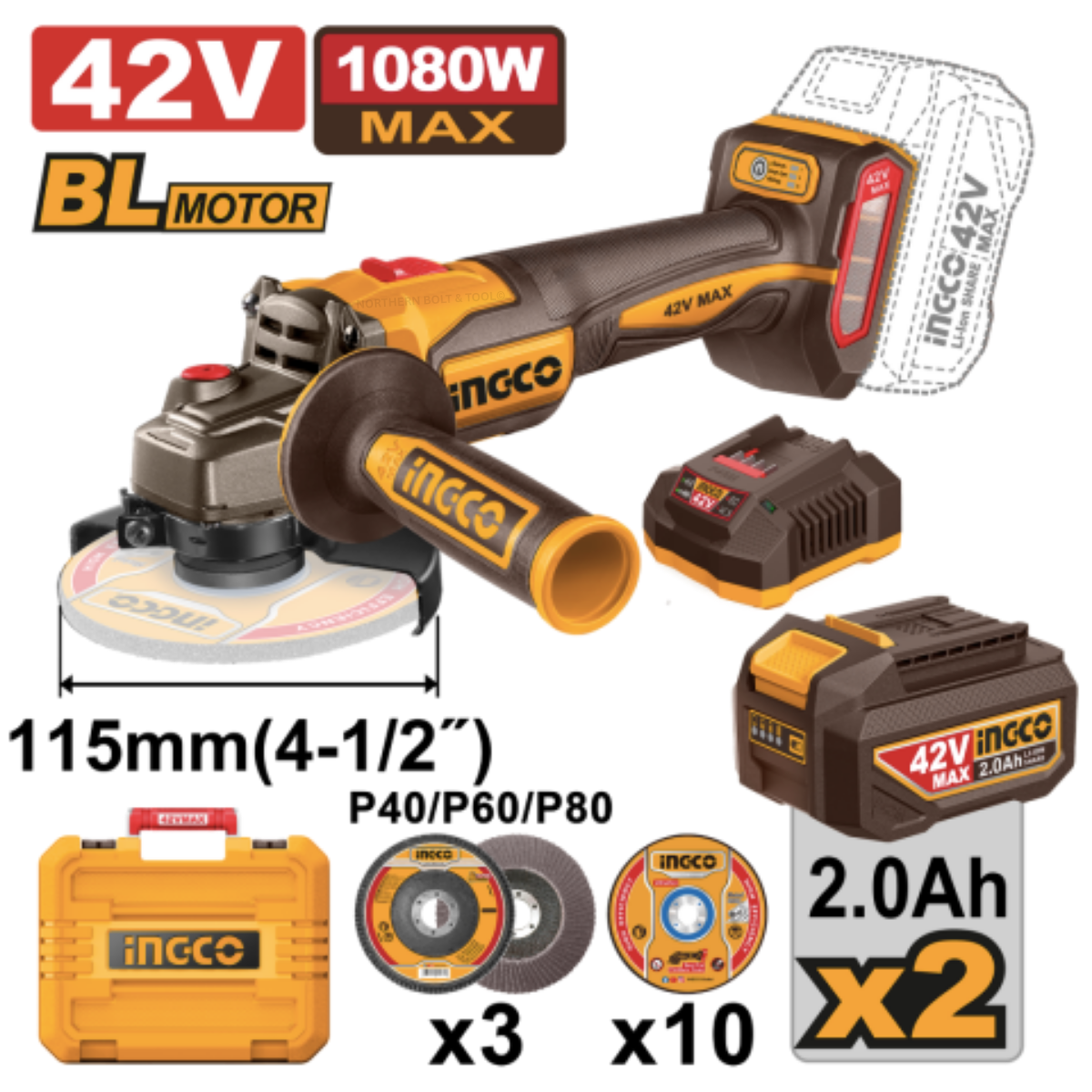 Ingco 42V Cordless Angle Grinder 1080W Kit P42M