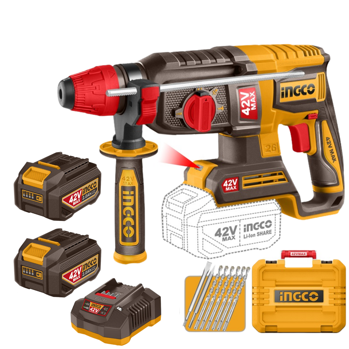 Ingco 42v Cordless Rotary Hammer Drill Kit 2.5J P42M