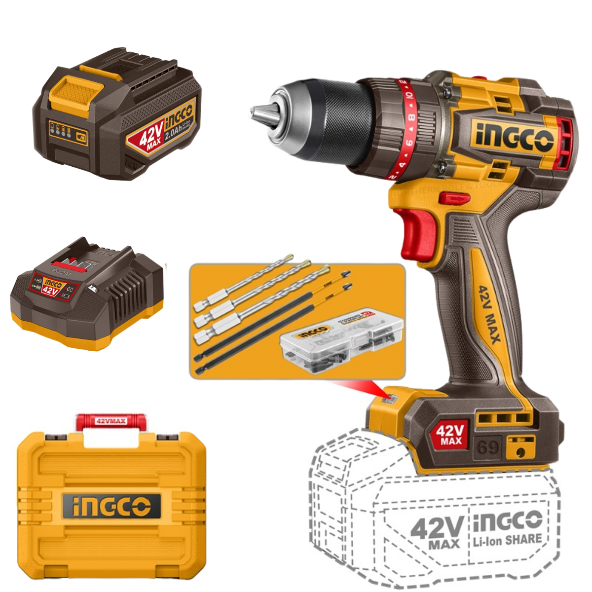 Ingco 42V Cordless Impact Drill 69Nm Kit P42M