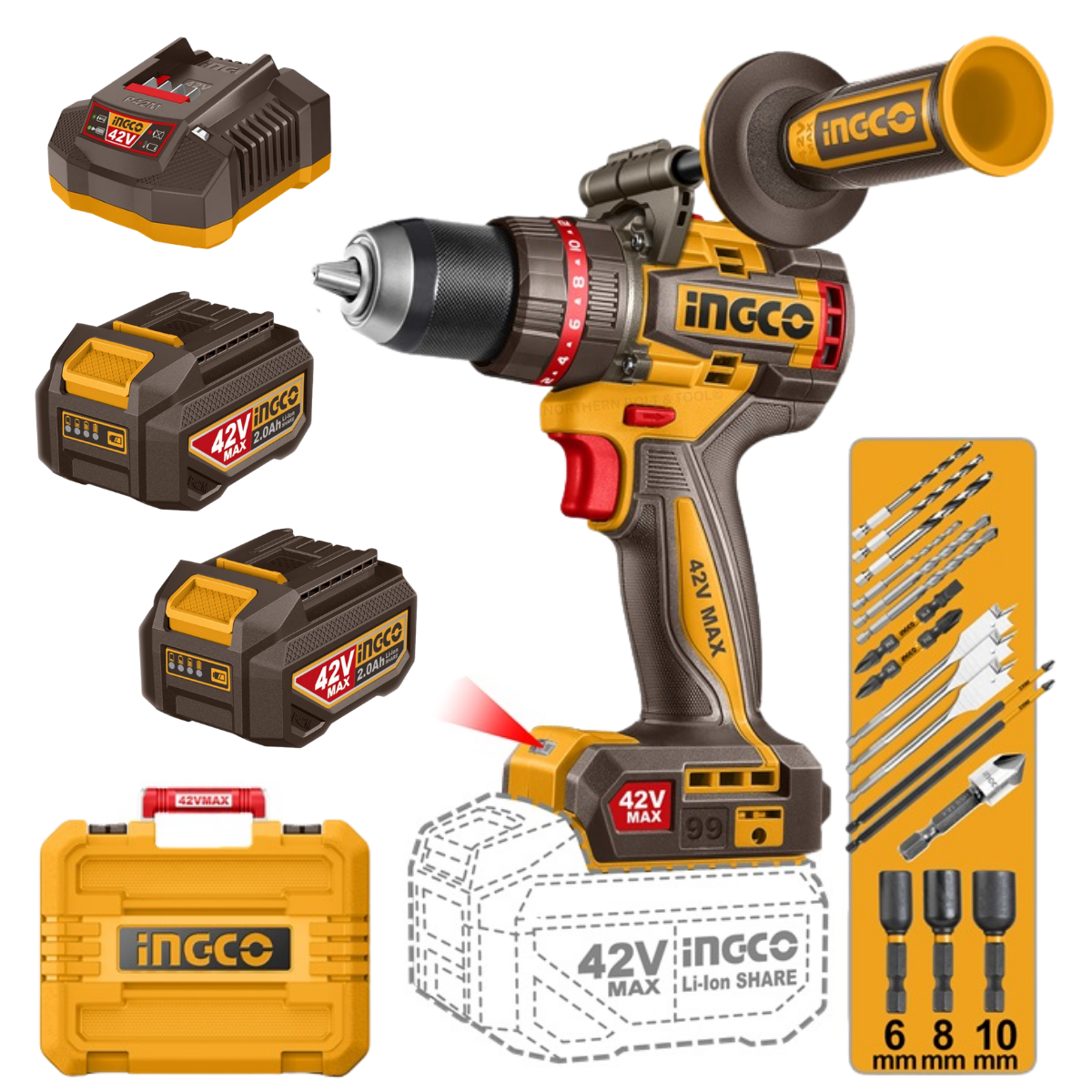 Ingco 42V Cordless Impact Drill 99Nm Kit P42M