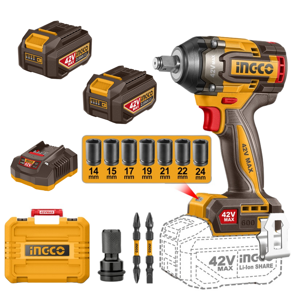 Ingco 42V Cordless Impact wrench 600Nm Kit P42M