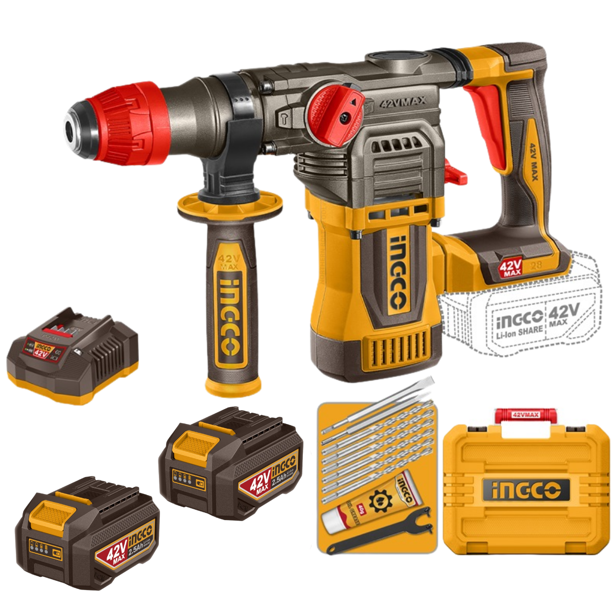 Ingco 42V Cordless Rotary Hammer Drill 4.5j Kit P42M