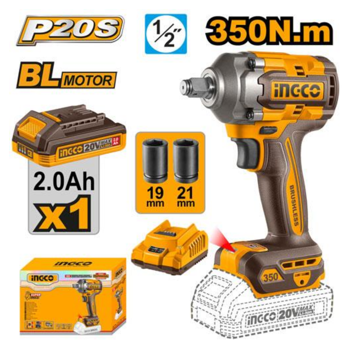 Ingco Cordless Impact Wrench 350Nm 20V Kit with 1x Battery CIWLI20351