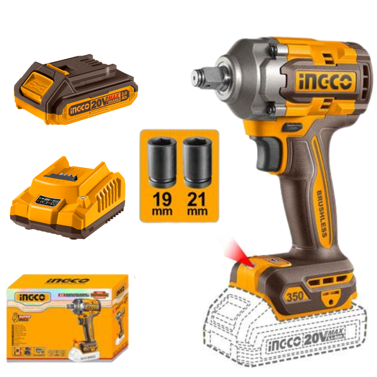 Ingco Cordless Impact Wrench 350Nm 20V Kit with 1x Battery CIWLI20351