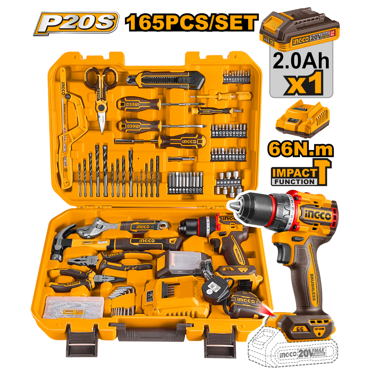 Ingco 165pcs Toolbox Set with Cordless Impact Drill 66Nm 20V Kit HKTHP11651