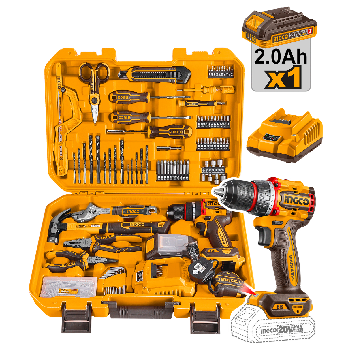 Ingco 165pcs Toolbox Set with Cordless Impact Drill 66Nm 20V Kit HKTHP11651