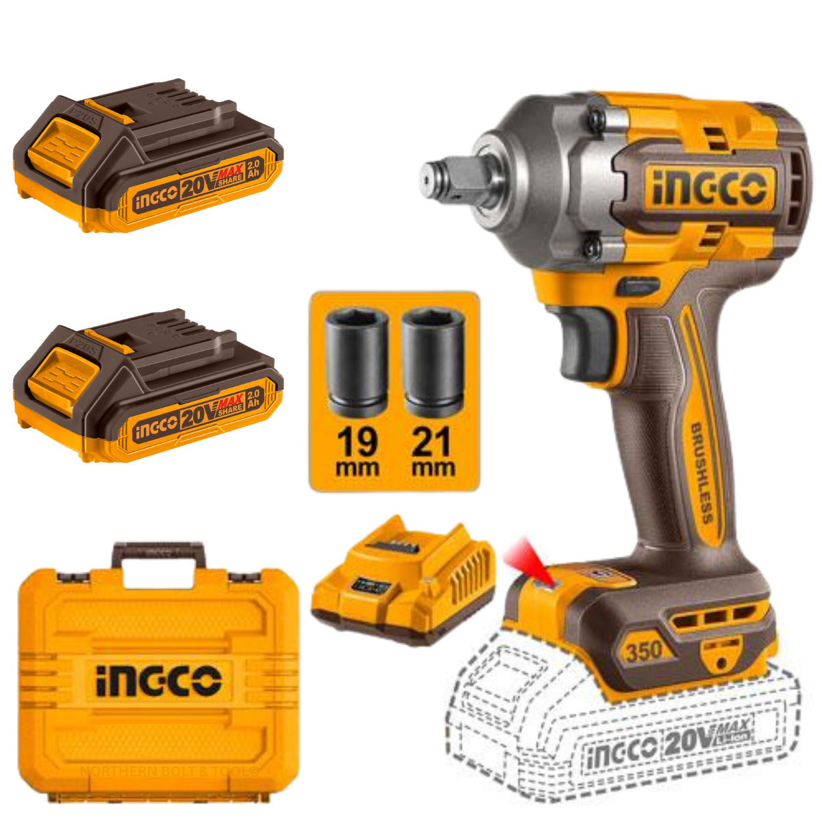 Ingco Cordless Impact Wrench 350Nm 20V Kit CIWLI2035