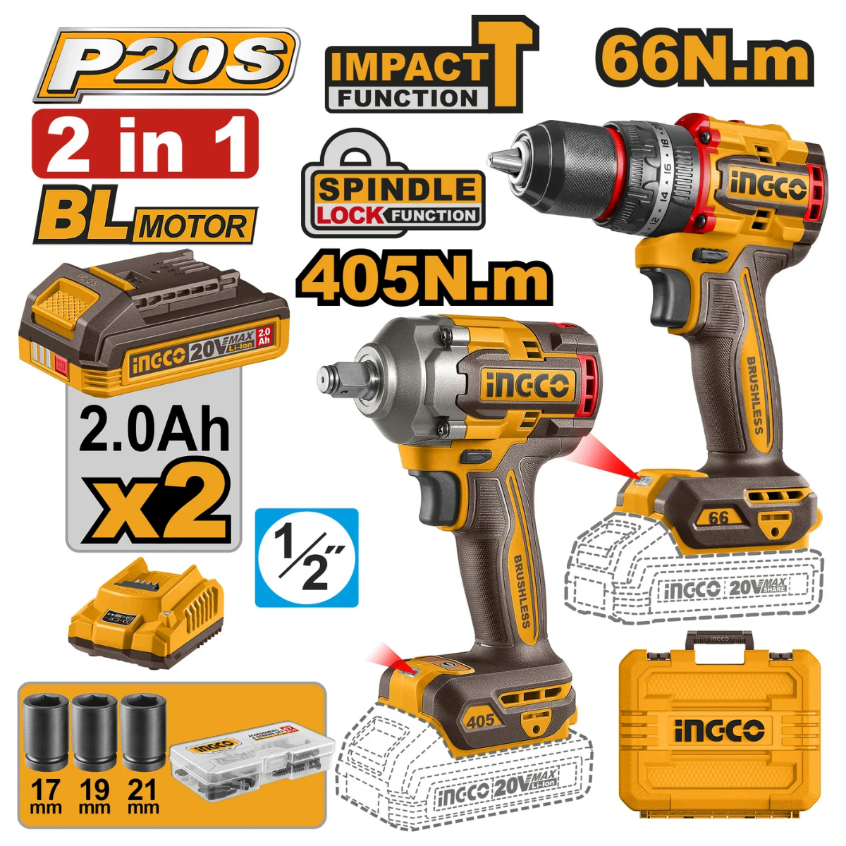 Ingco Cordless Impact Drill & Impact Wrench 20V Combo Kit