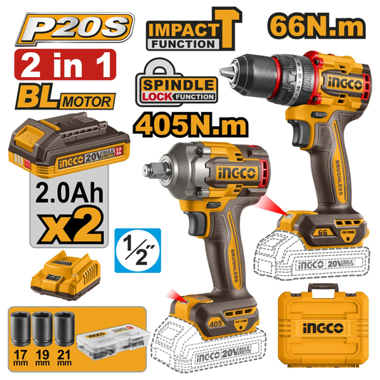 Ingco Cordless Impact Drill & Impact Wrench 20V Combo Kit