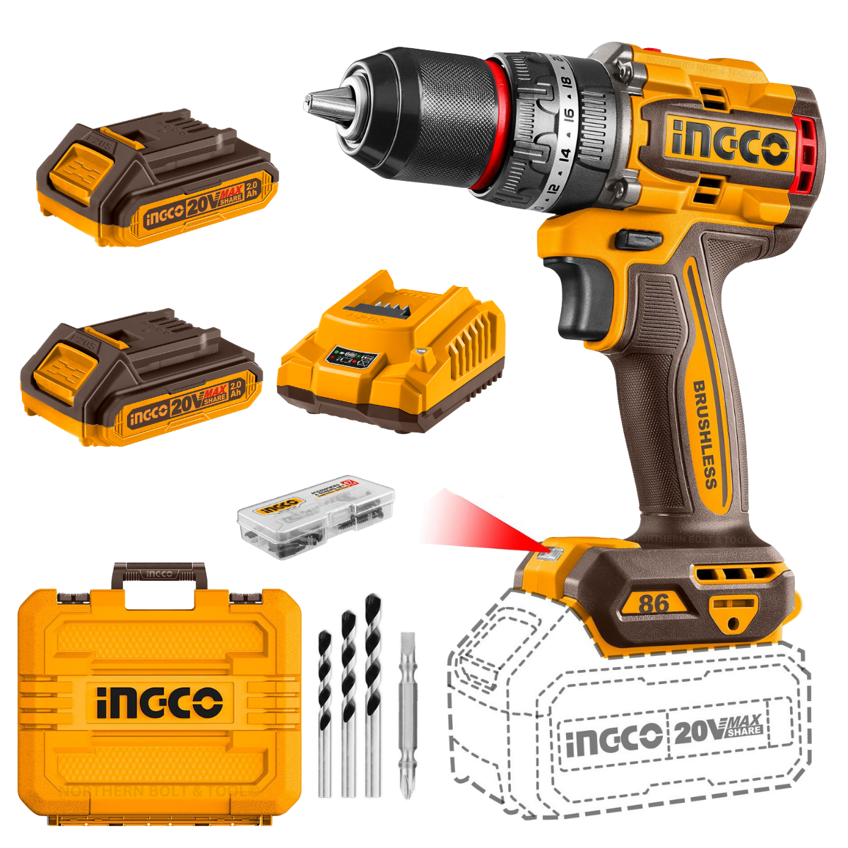 Ingco Cordless Impact Drill 86Nm 20V Kit with 2x Battery Pack 2Ah CIDLI208687