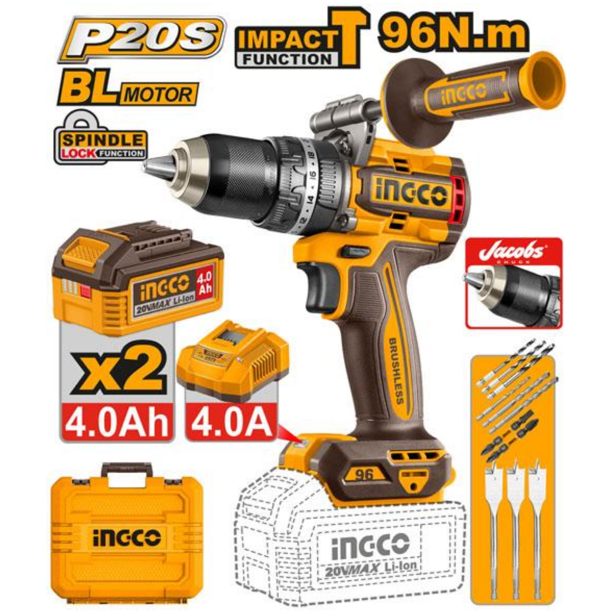 Ingco Cordless Impact Drill 96Nm 20V Kit with Auxiliary handle CIDLI209686