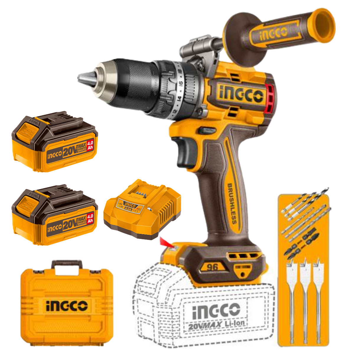 Ingco Cordless Impact Drill 96Nm 20V Kit with Auxiliary handle CIDLI209686