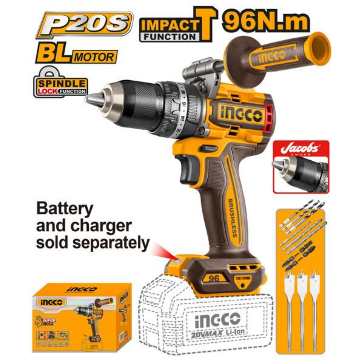 Ingco Cordless Impact Drill 96Nm 20V with Auxiliary handle (Tool only)