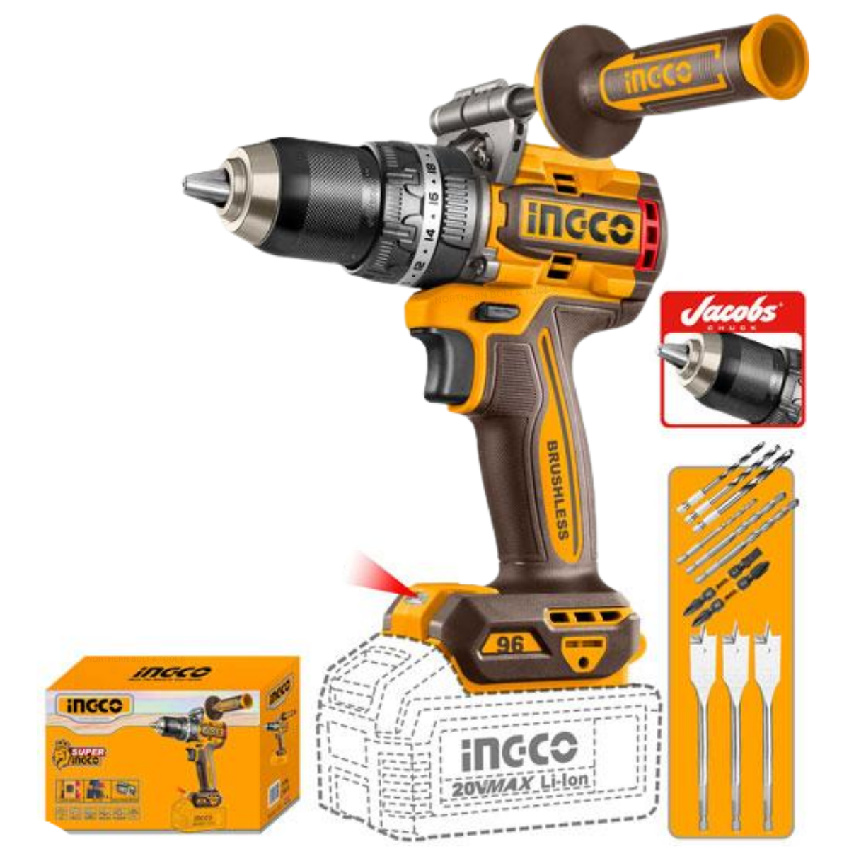 Ingco Cordless Impact Drill 96Nm 20V with Auxiliary handle (Tool only)