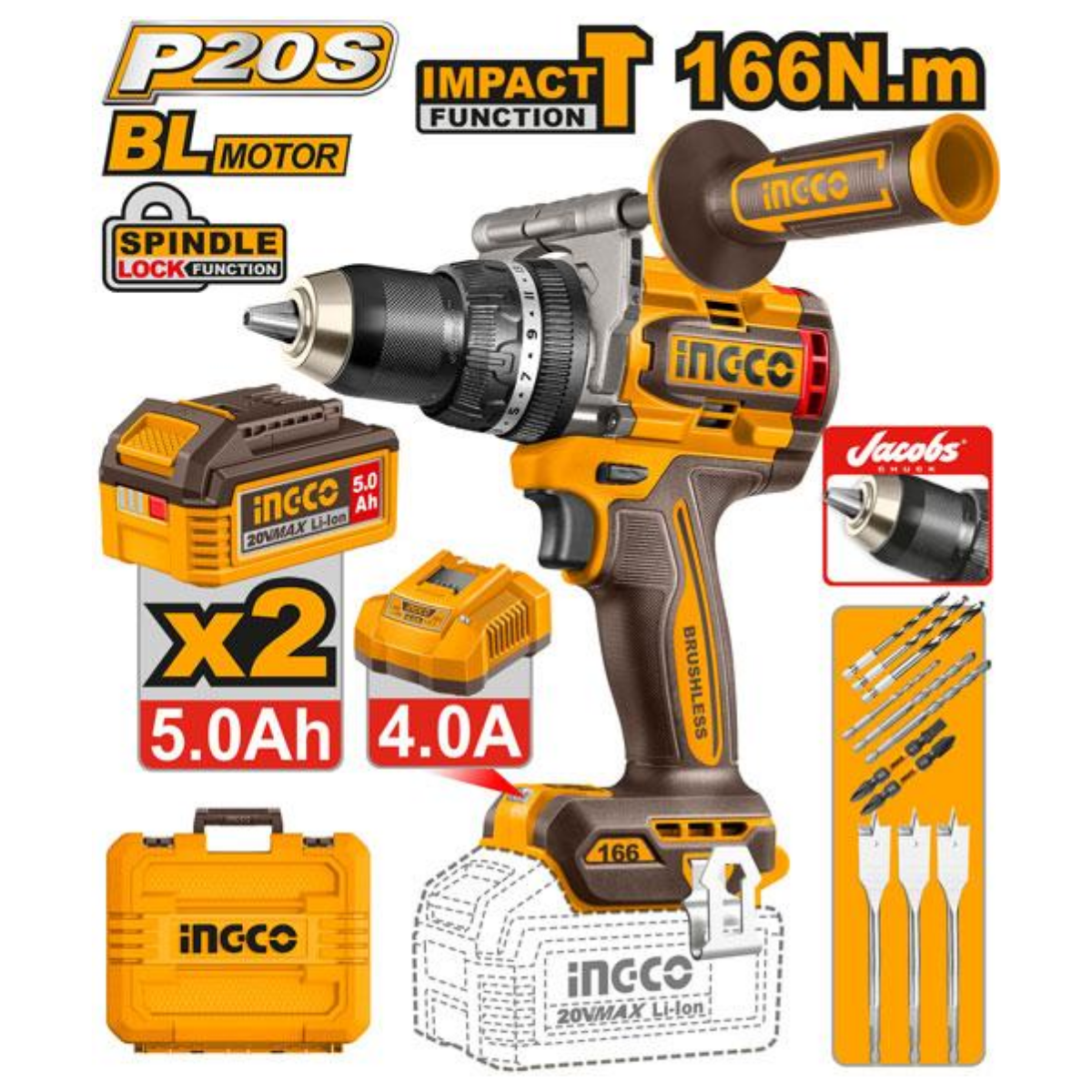 Ingco Cordless Impact Drill 166Nm 20V Kit