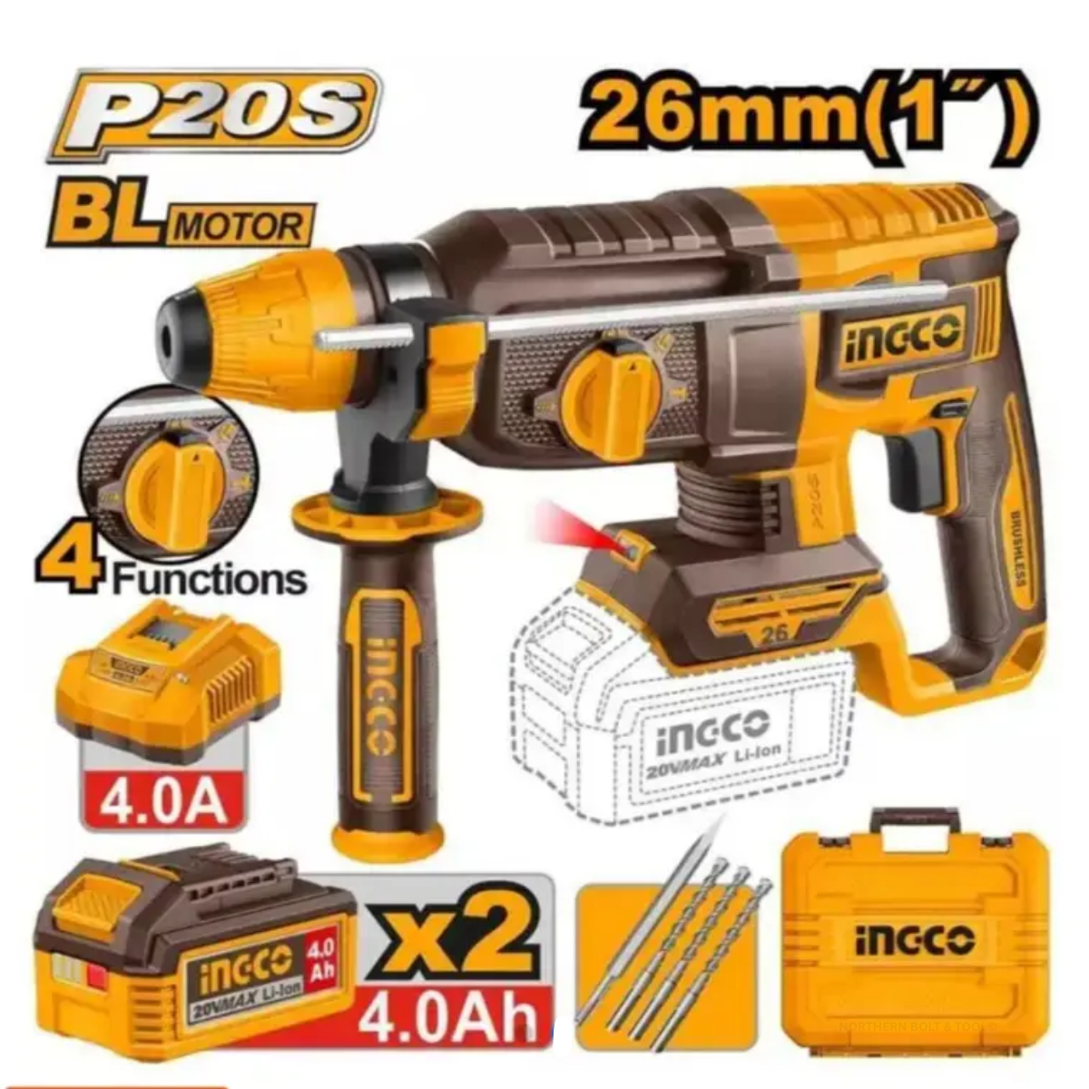 Ingco Cordless Rotary Hammer Drill 26mm 20V Kit (CRHLI262085)