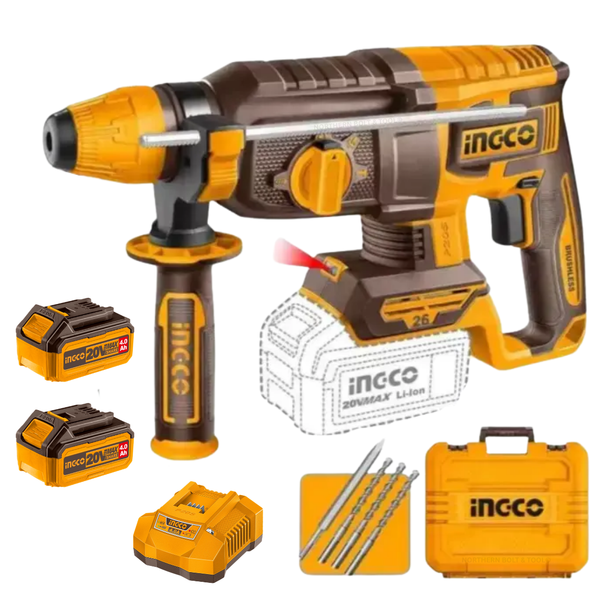 Ingco Cordless Rotary Hammer Drill 26mm 20V Kit (CRHLI262085)